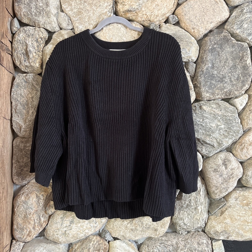 Michael Kors Large Black Knit Chunky Sweater, 3/4 Sleeves, Loose Baggy Sz Medium